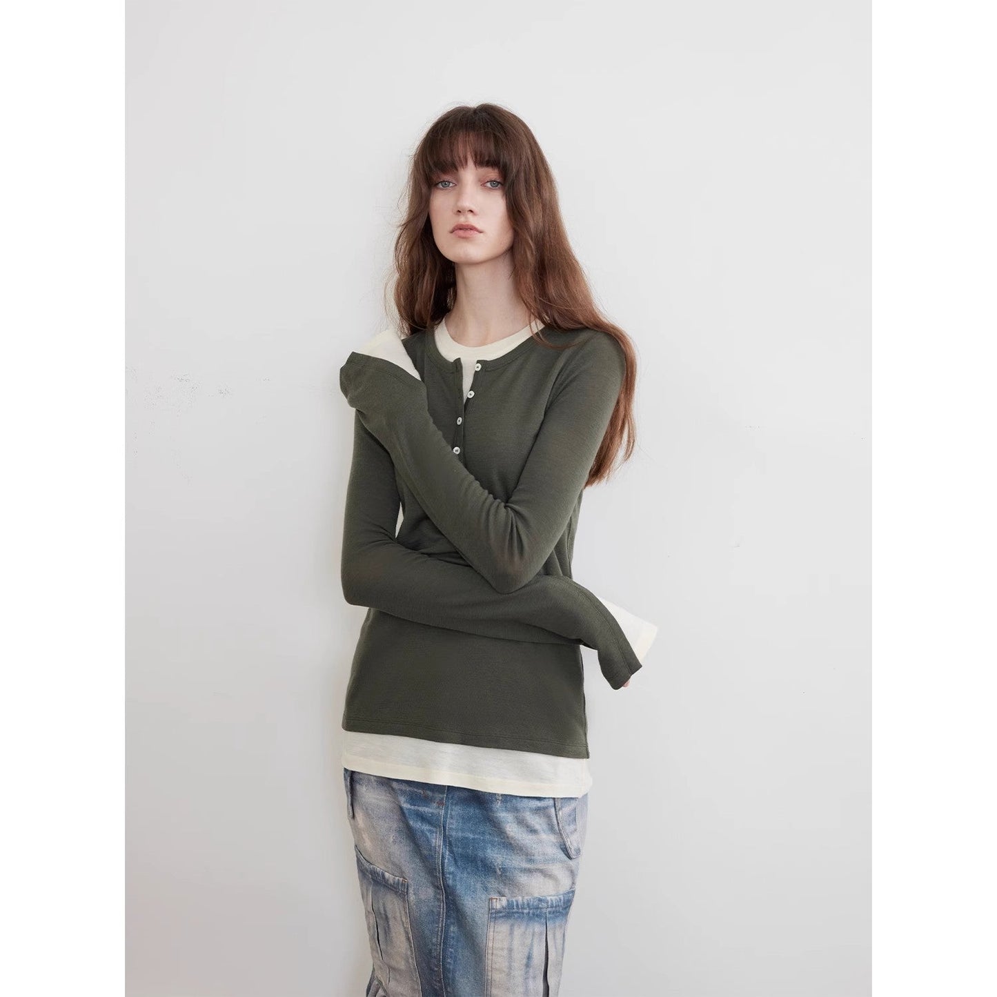 Elastic skin-friendly Henley Layered women's sweater