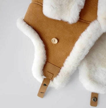 Merino wool warm earmuffs genuine leather suede aviator hat