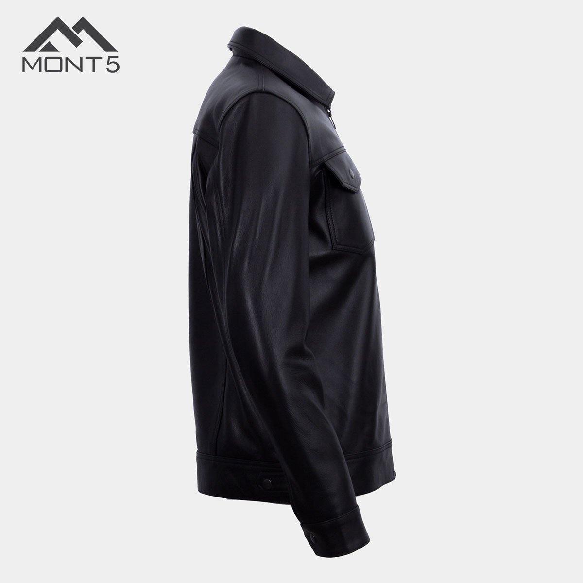 MONT5 Diran Men Black Classic Leather Jacket with Shirt Collar