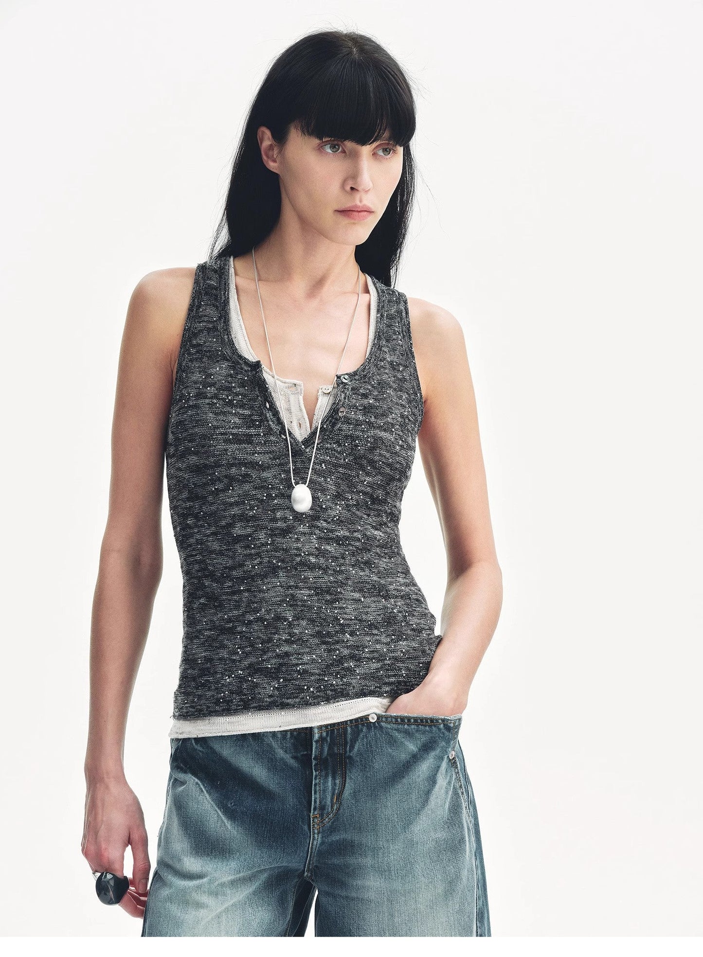 Cotton and Linen Blended Henley Collar Beaded Vest Summer"Summer Night Starry Sky"