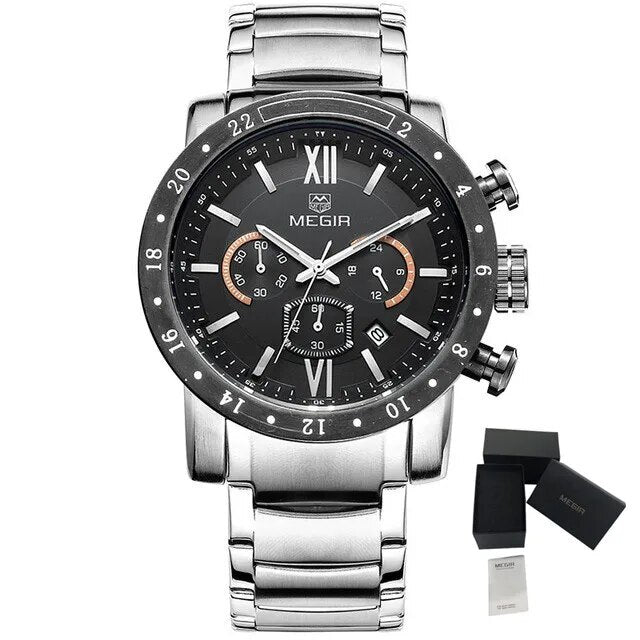 MEGIR Luxury Men's Business Watches Chronograph Waterproof Stainless Steel Quartz
