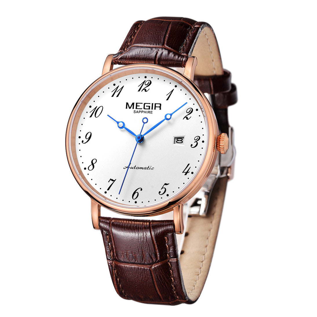 MEGIR Luxury Automatic Mechanical Watch for Men Large Dial Sapphire Leather Strap