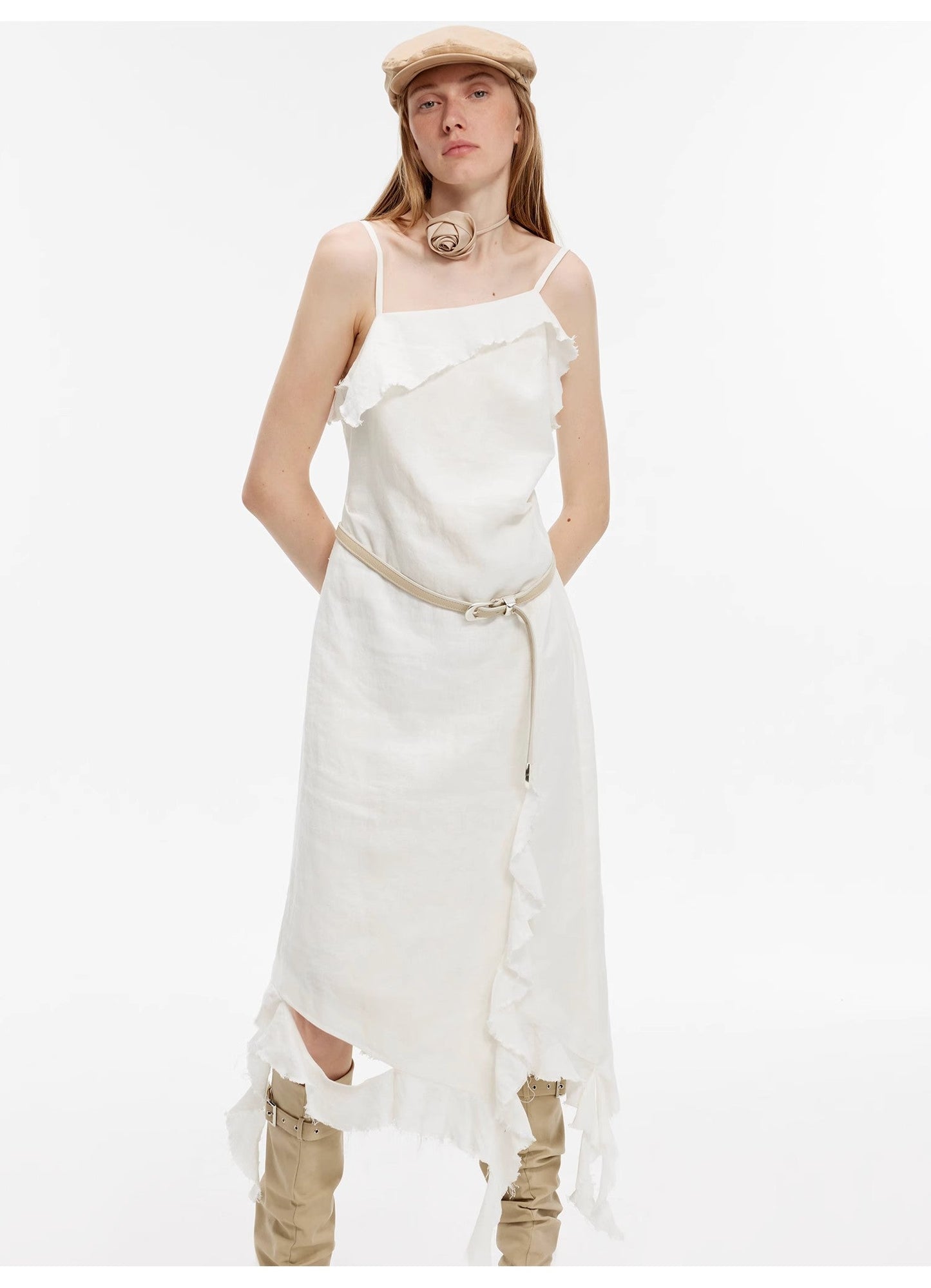 Sand-washed Linen Sling Ruffled Irregular Fit Sling Dress"Summer Whisper"