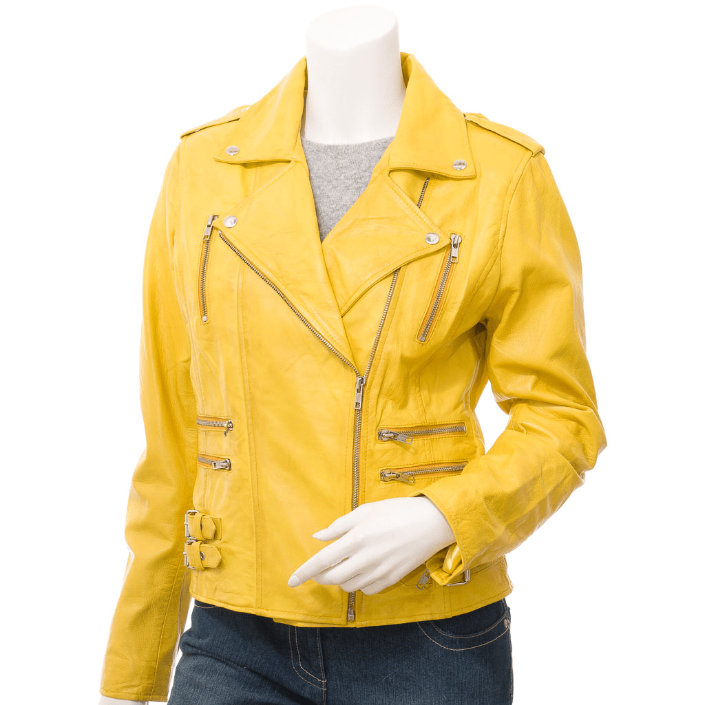 WOMEN'S YELLOW LEATHER BIKER JACKET ELBA