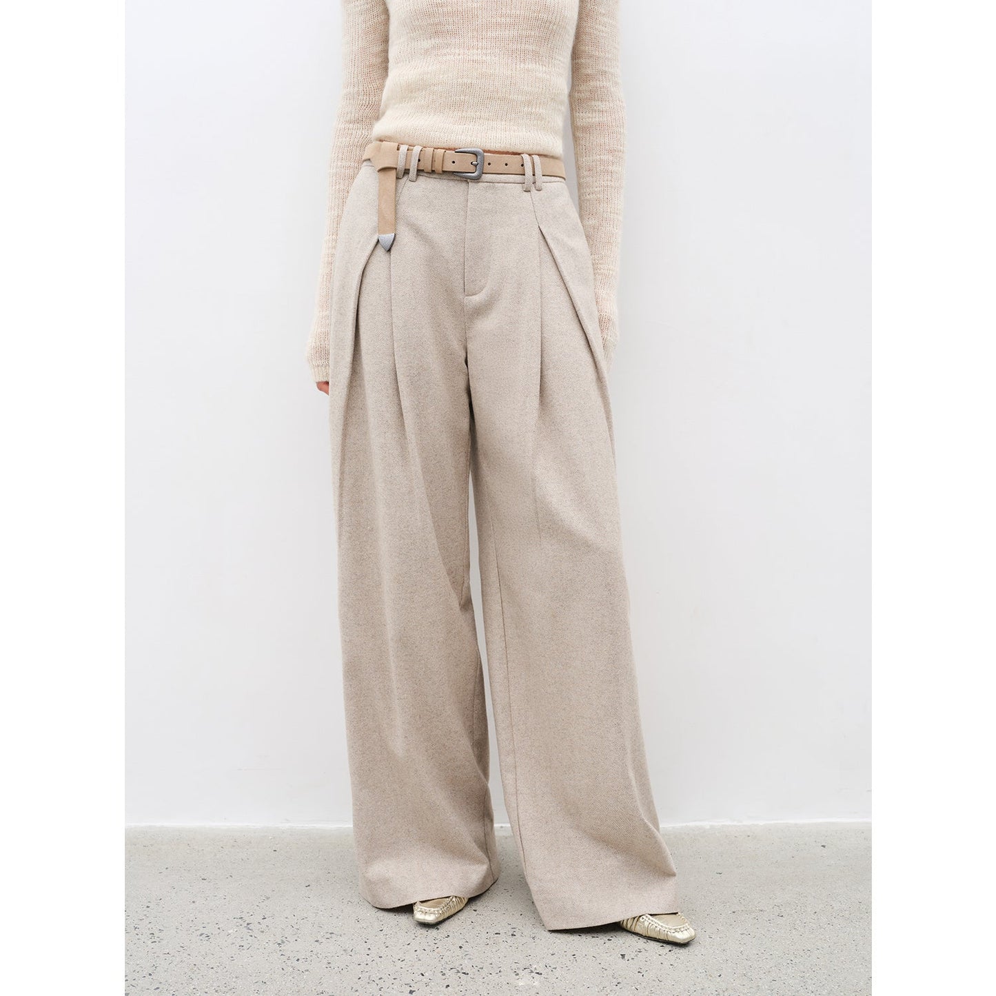 "City Stroll" casual and relaxed wool-blend double-pleated straight draped wide-leg casual
