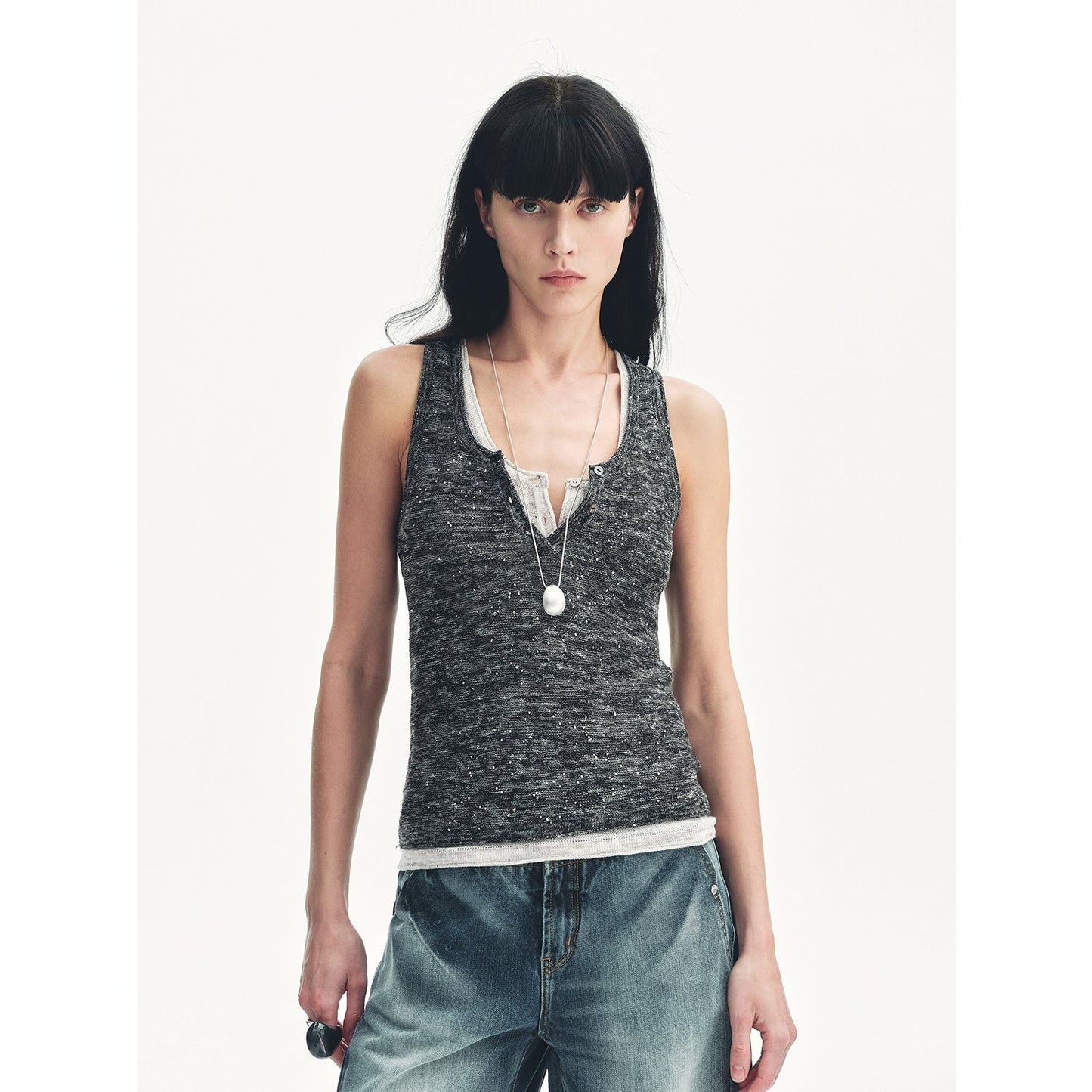 Cotton and Linen Blended Henley Collar Beaded Vest Summer"Summer Night Starry Sky"