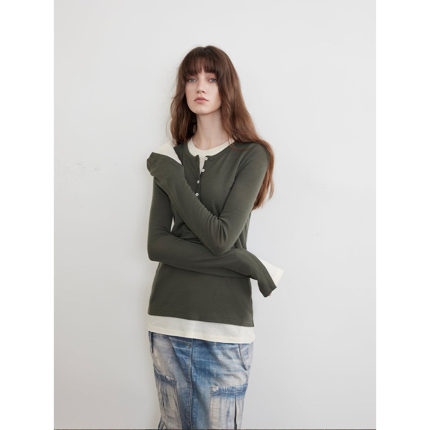 Elastic skin-friendly Henley Layered women's sweater