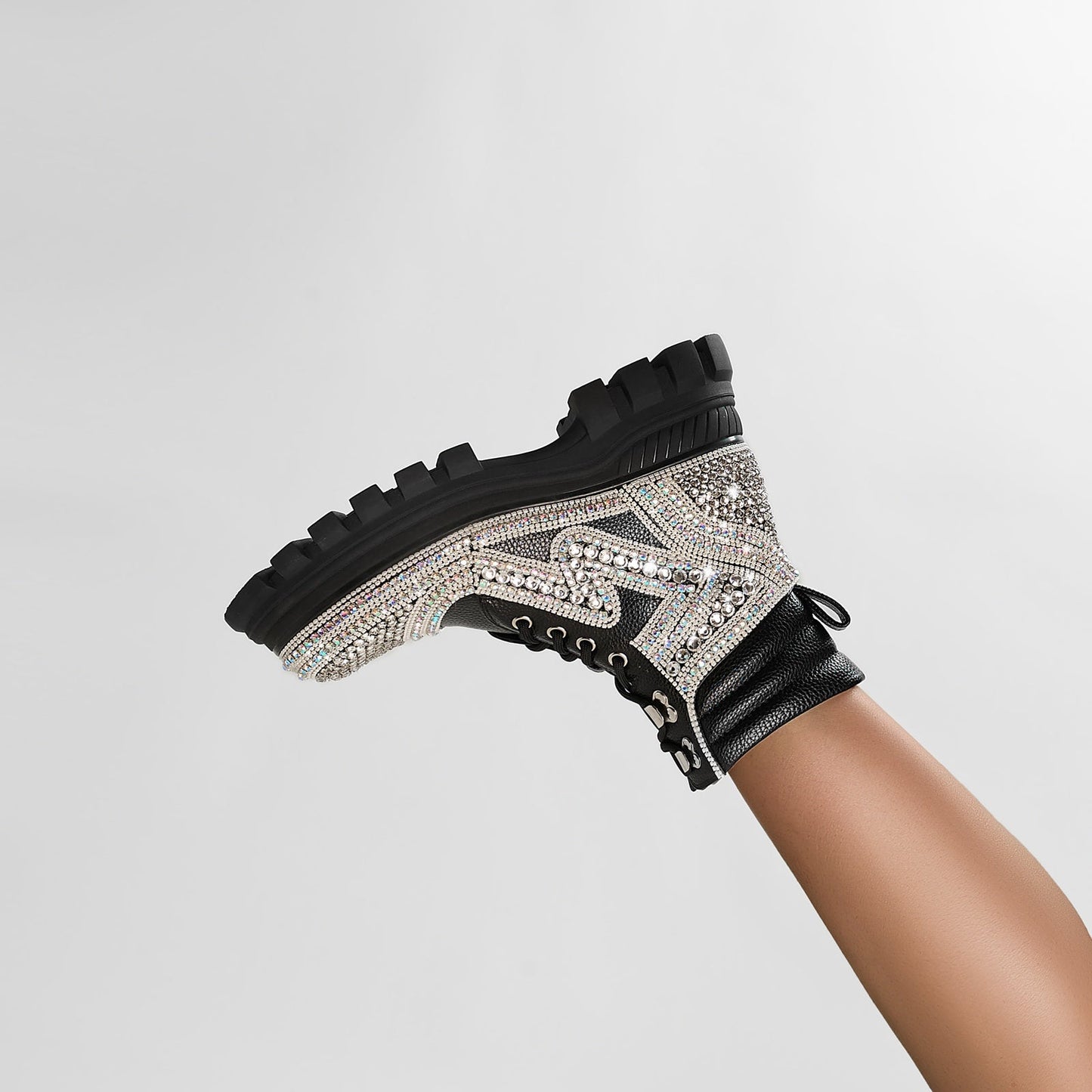 Black Crystal Embellished Walking Ankle Boots