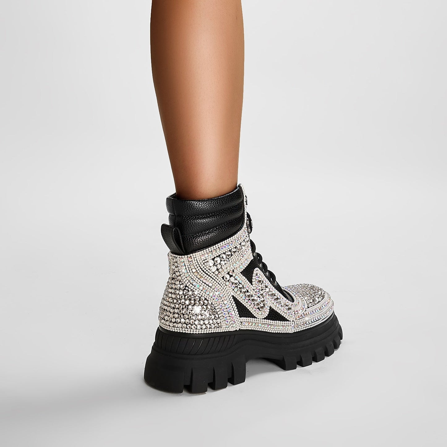 Black Crystal Embellished Walking Ankle Boots