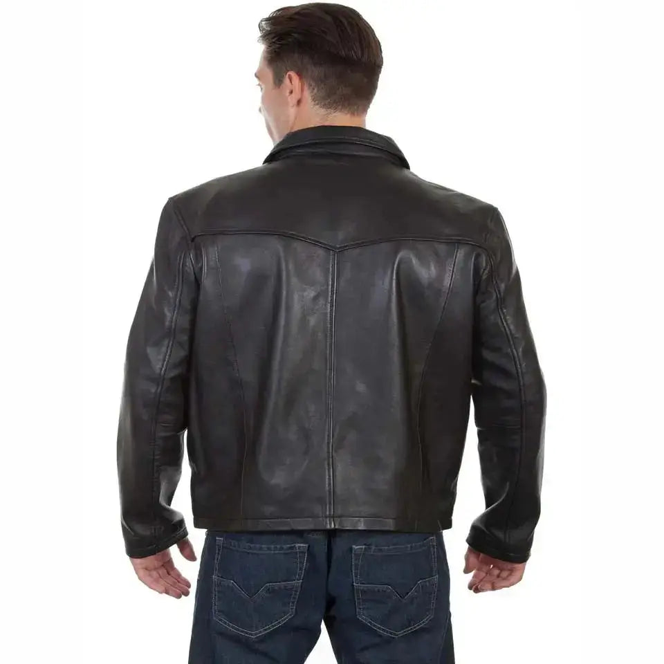 Men's Black Leather Jacket with Turn-Down Collar