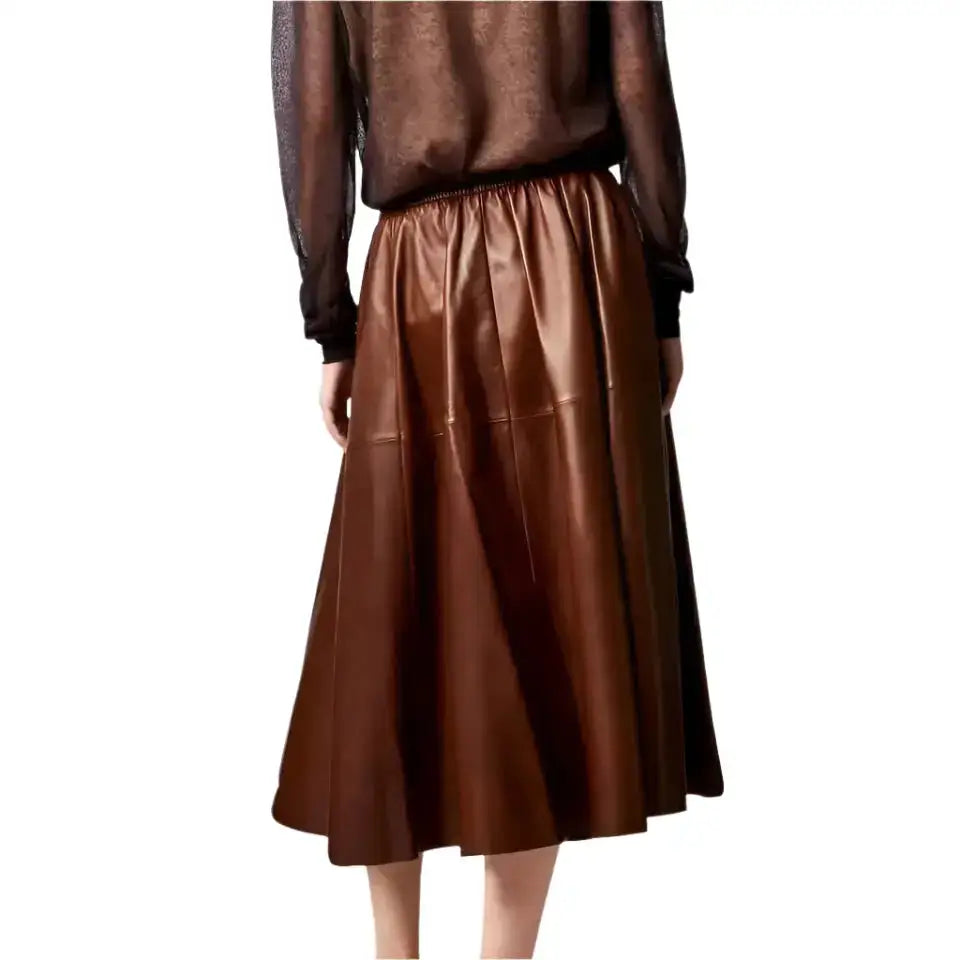 Women’s Brown Real Leather A-Line Flare Midi Skirt