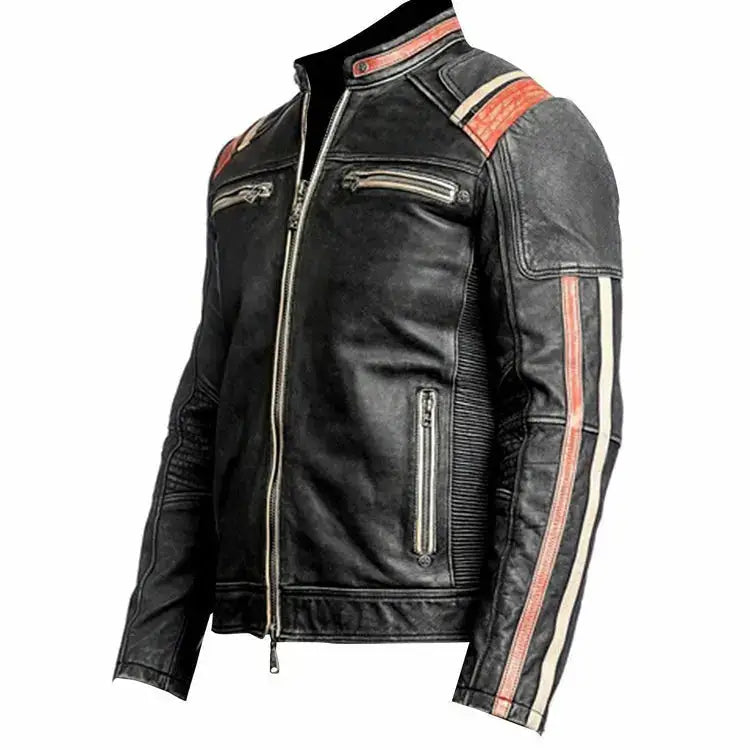 Men's Black & Orange Distressed Leather Cafe Racer Jacket