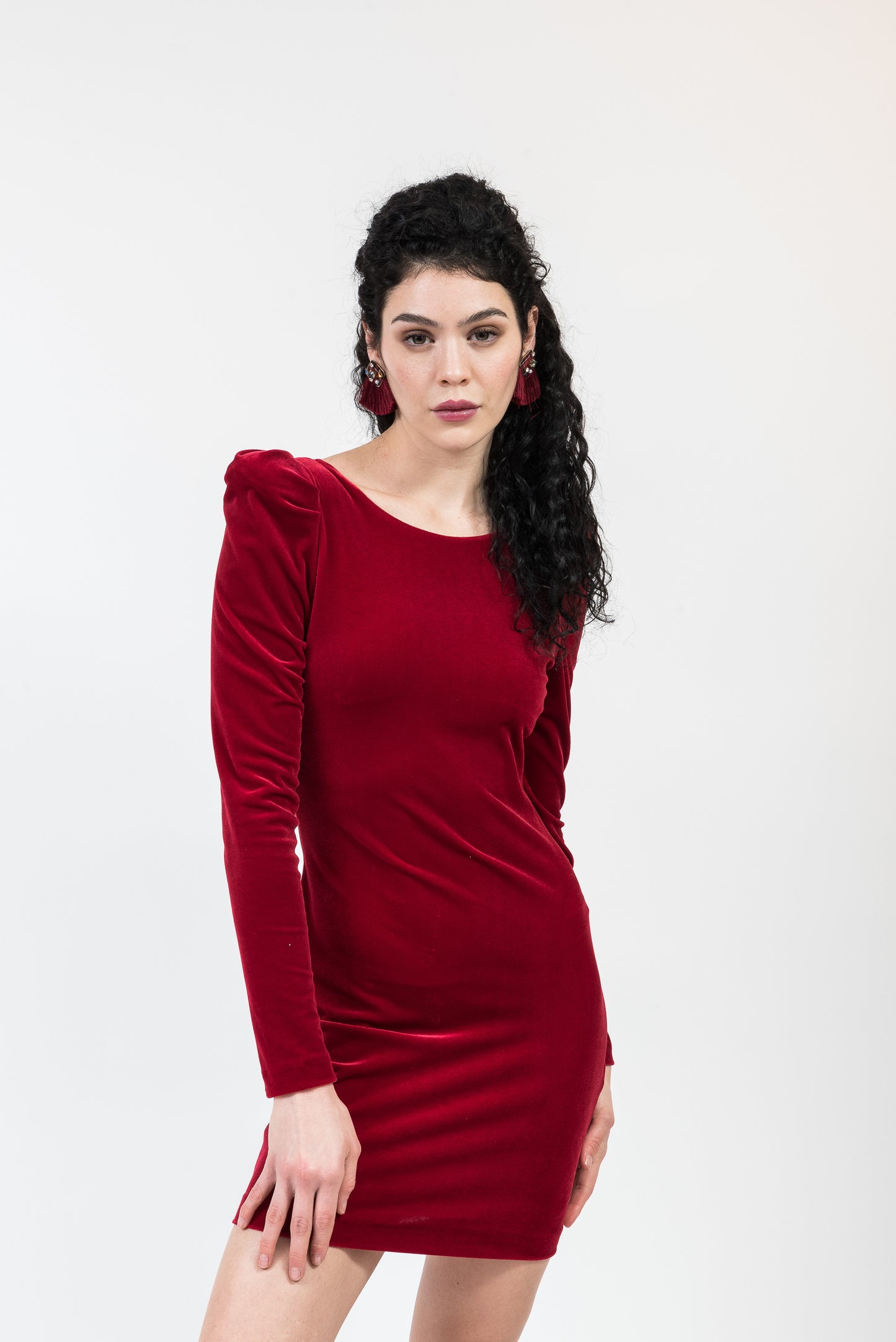 Velvet mini dress with an open back and Puff Sleeves