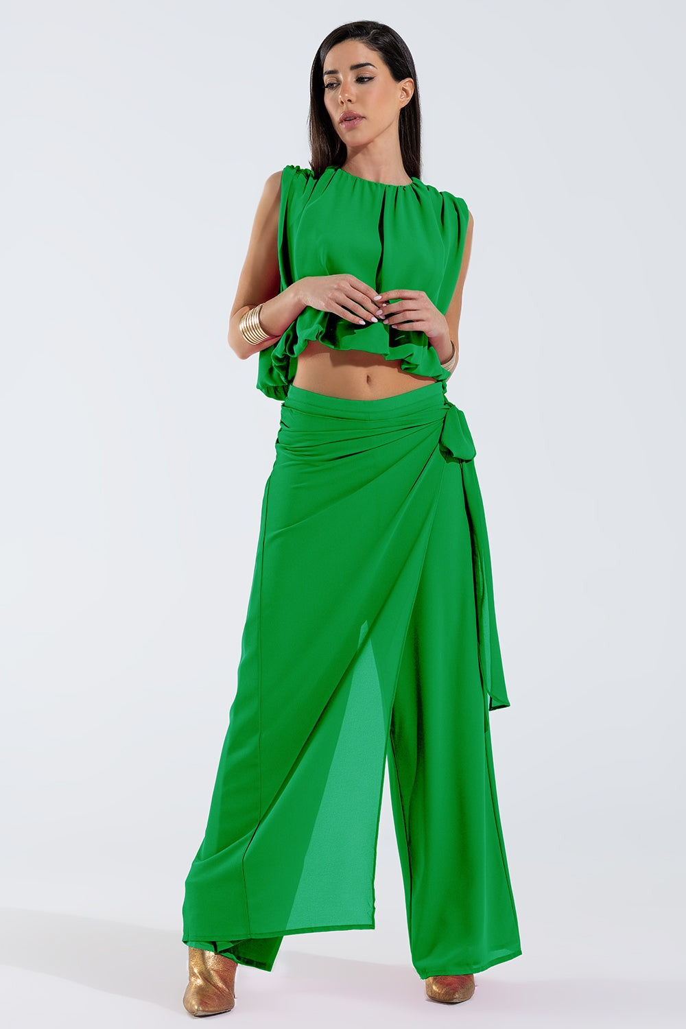 Wide Green Pants Overlay Skirt Tied at the Side