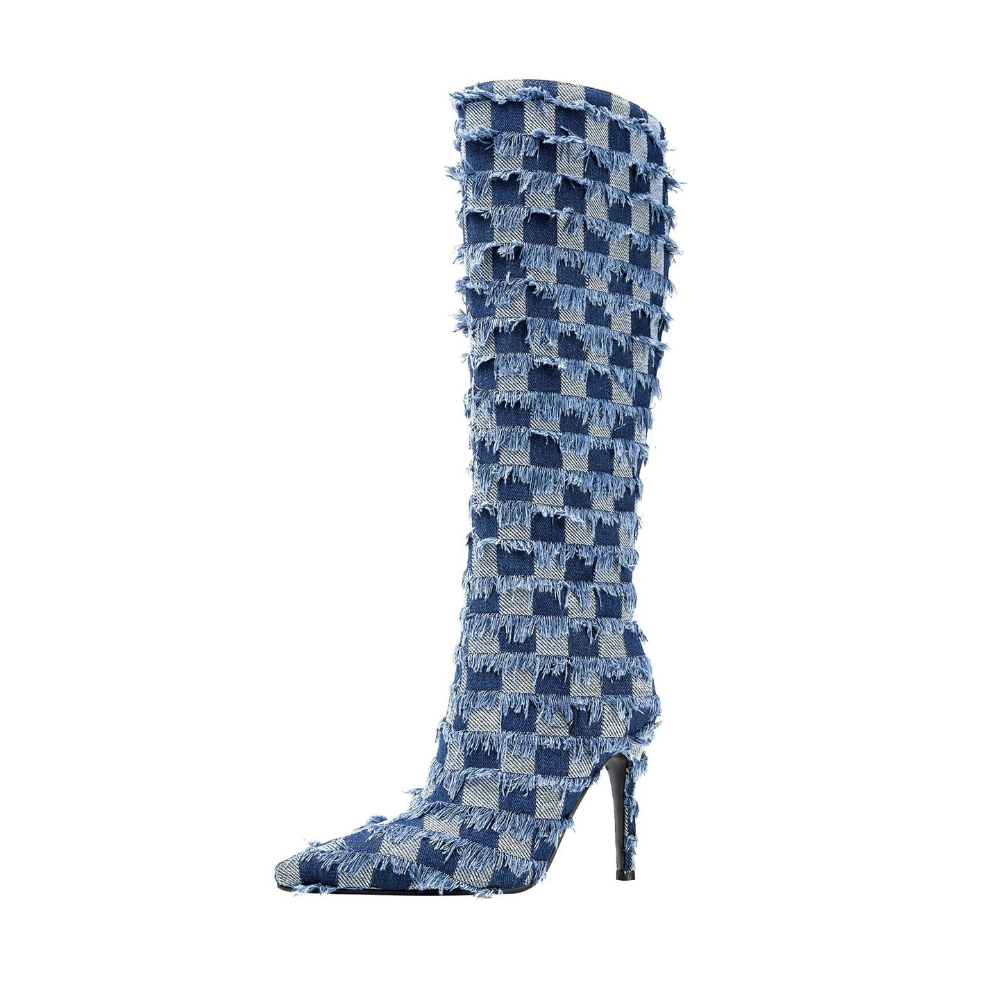 Frayed Checkered Blue Denim Knee High Boots