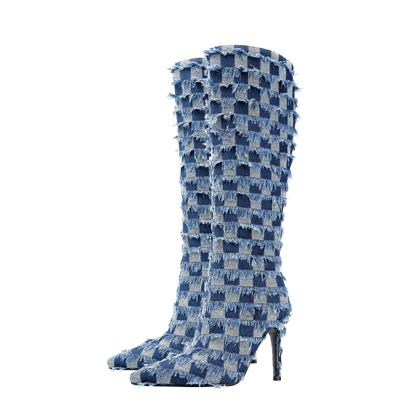 Frayed Checkered Blue Denim Knee High Boots