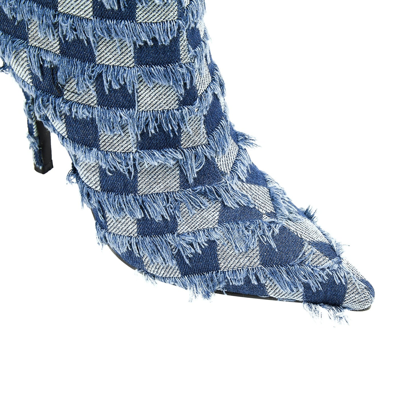 Frayed Checkered Blue Denim Knee High Boots
