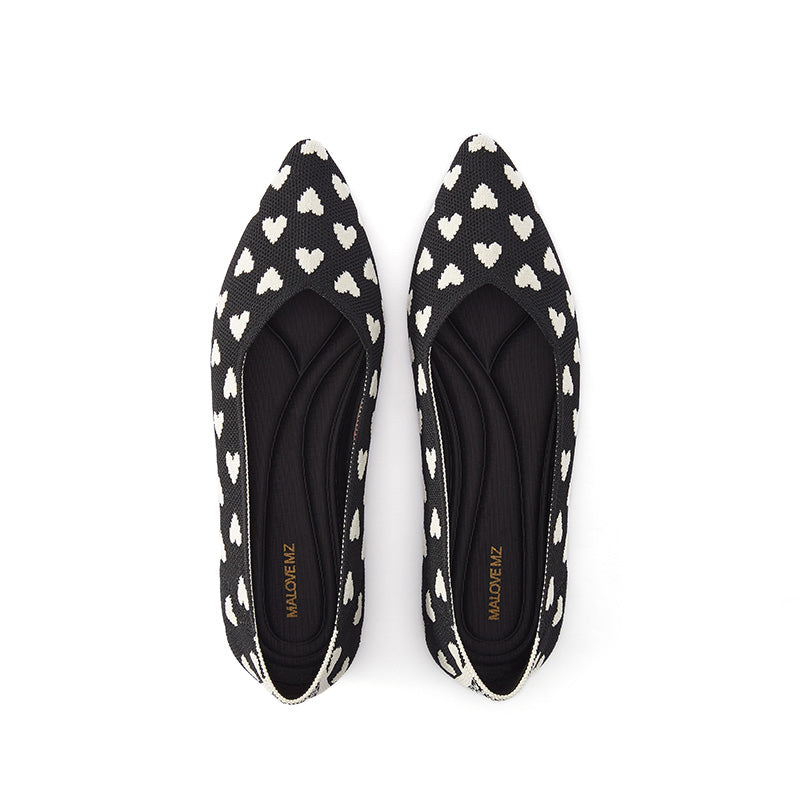 Heart Print Pointed Toe Comfortable Flats – Seamless Knit Ballet Flats