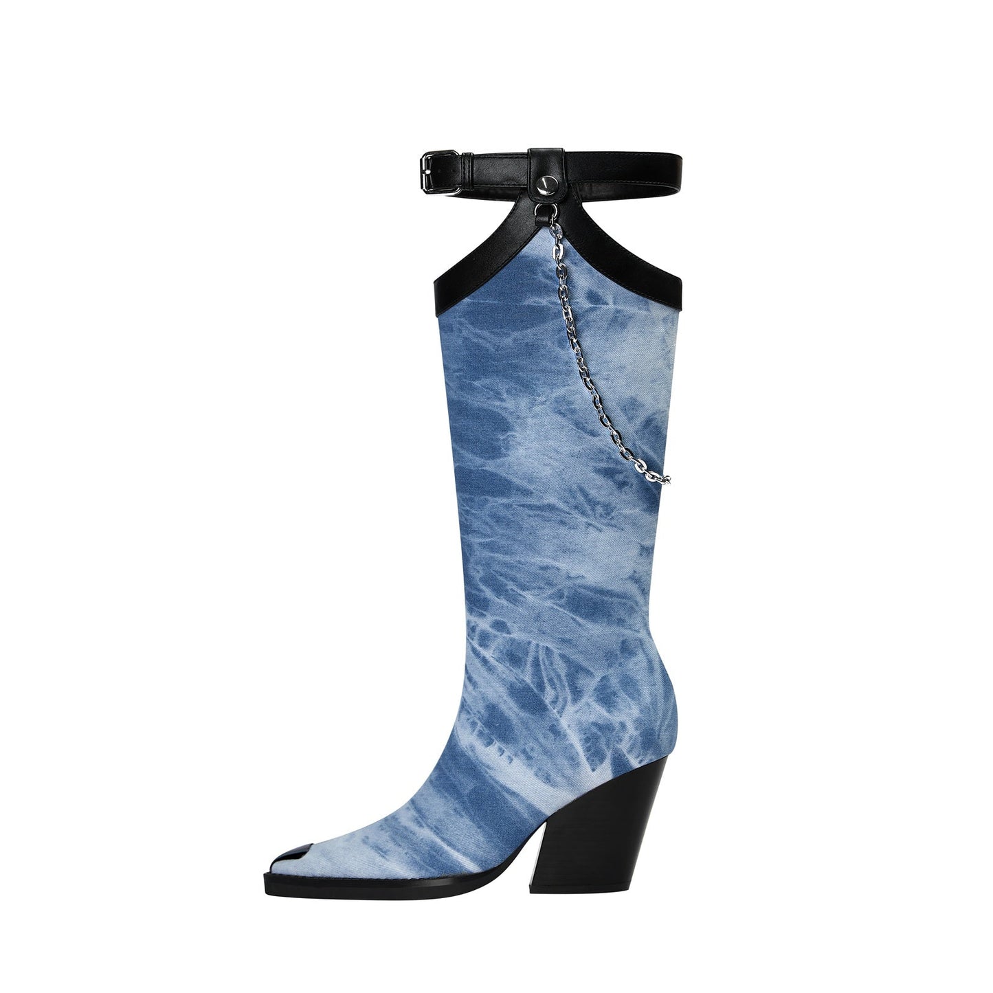 Light Blue Denim Chain Embellished Knee High Boots