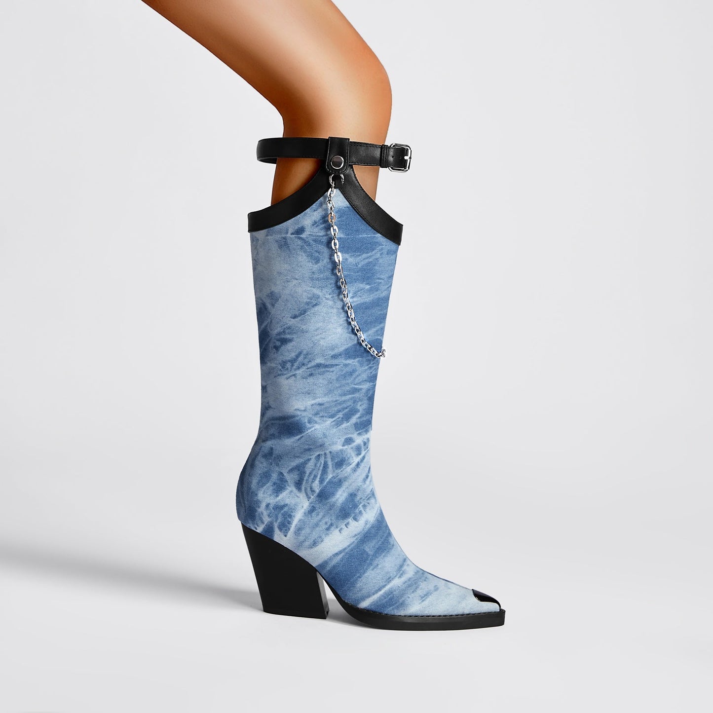 Light Blue Denim Chain Embellished Knee High Boots