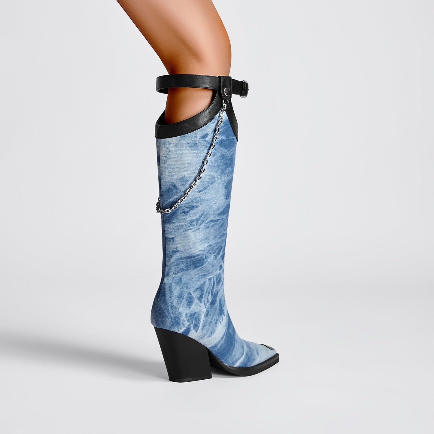 Light Blue Denim Chain Embellished Knee High Boots