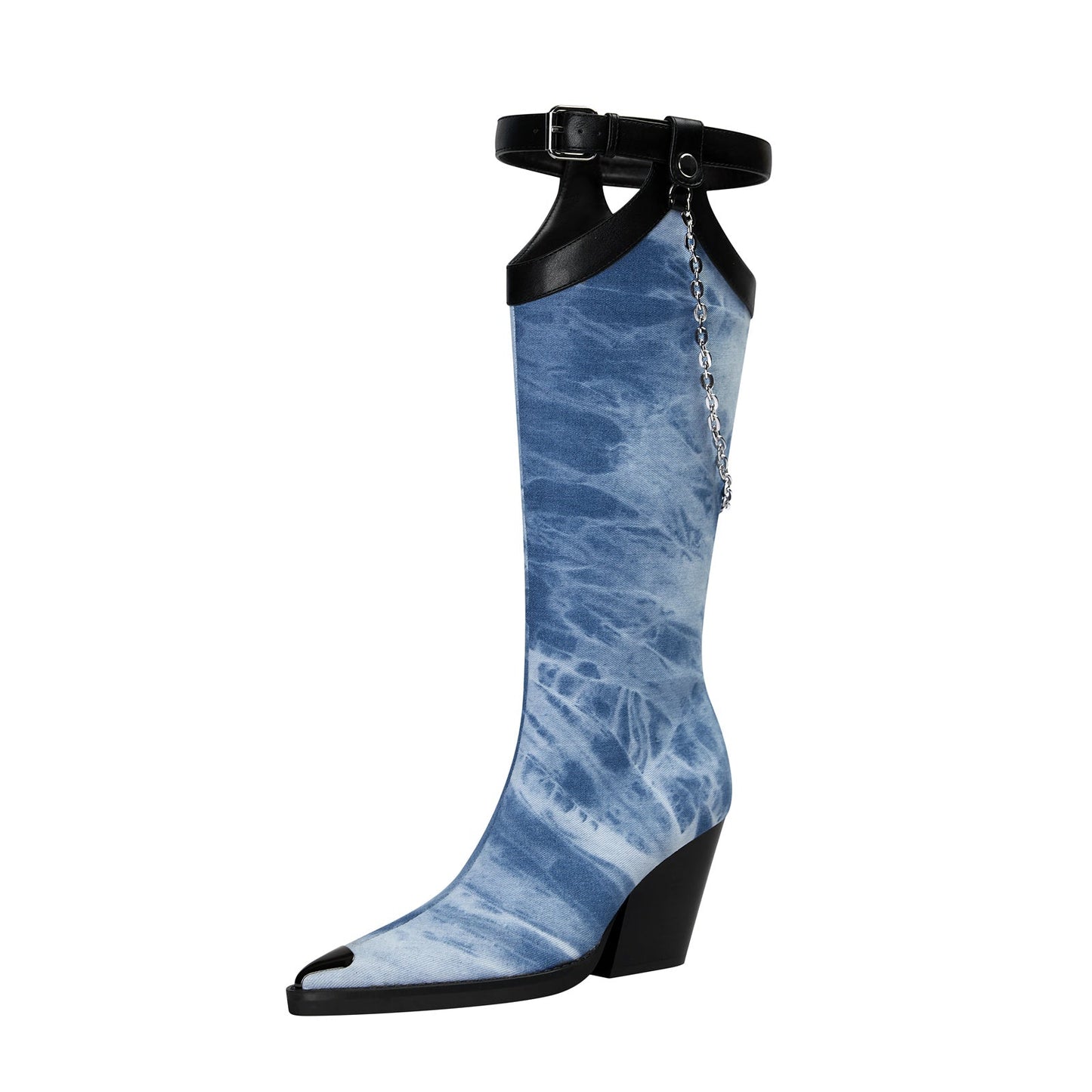 Light Blue Denim Chain Embellished Knee High Boots