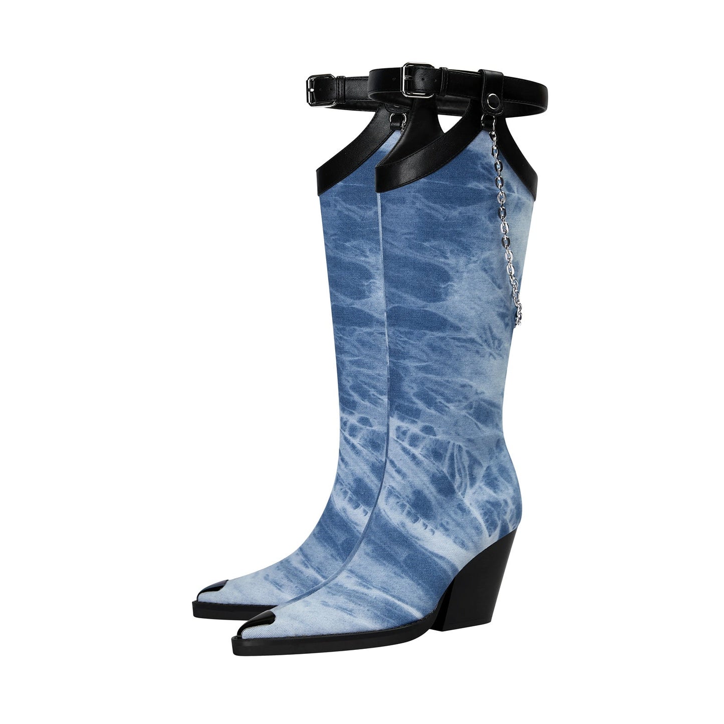Light Blue Denim Chain Embellished Knee High Boots