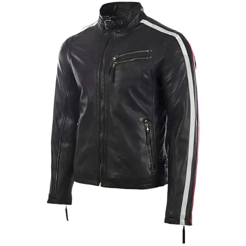 Men's Black Leather Motorcycle Jacket with Red & White Stripes
