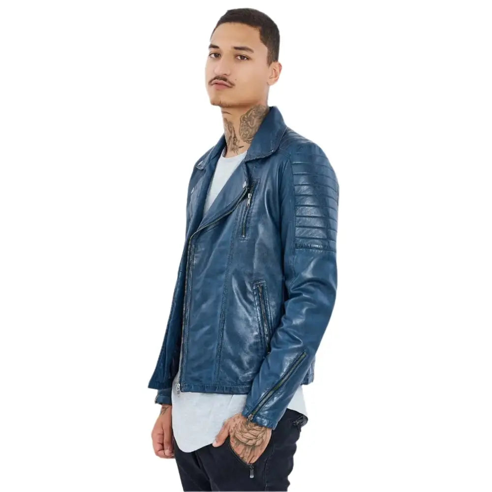 Men's Petrol Blue Genuine Sheepskin Leather Biker Jacket