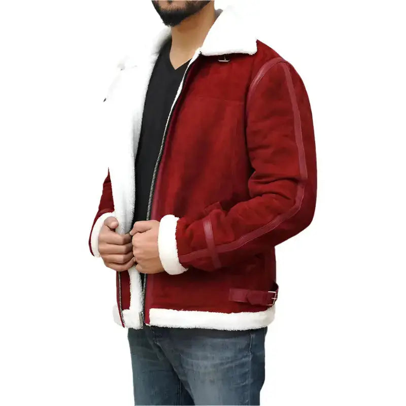 Men's Ryan Reynolds Spirited Red Suede Shearling Jacket – Holiday Edition