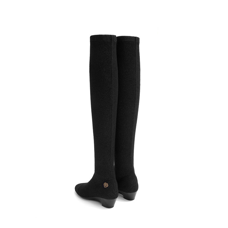 Stretch Over the Knee Boots – Low Heel Wool Knit Thigh High Boots