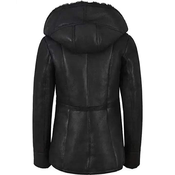 Women’s Black Leather Shearling Fur Jacket with Hood