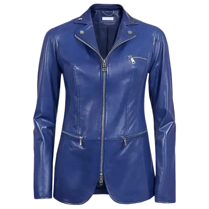 Women’s Blue Leather Blazer Jacket