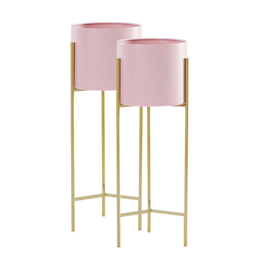 NNEAGS 2X 2 Layer 60cm Gold Metal Plant Stand with Pink Flower Pot Holder
