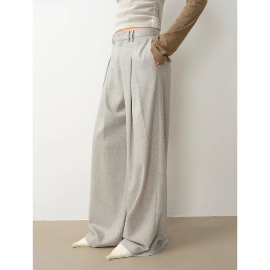 "City Stroll" casual and relaxed wool-blend double-pleated straight draped wide-leg casual
