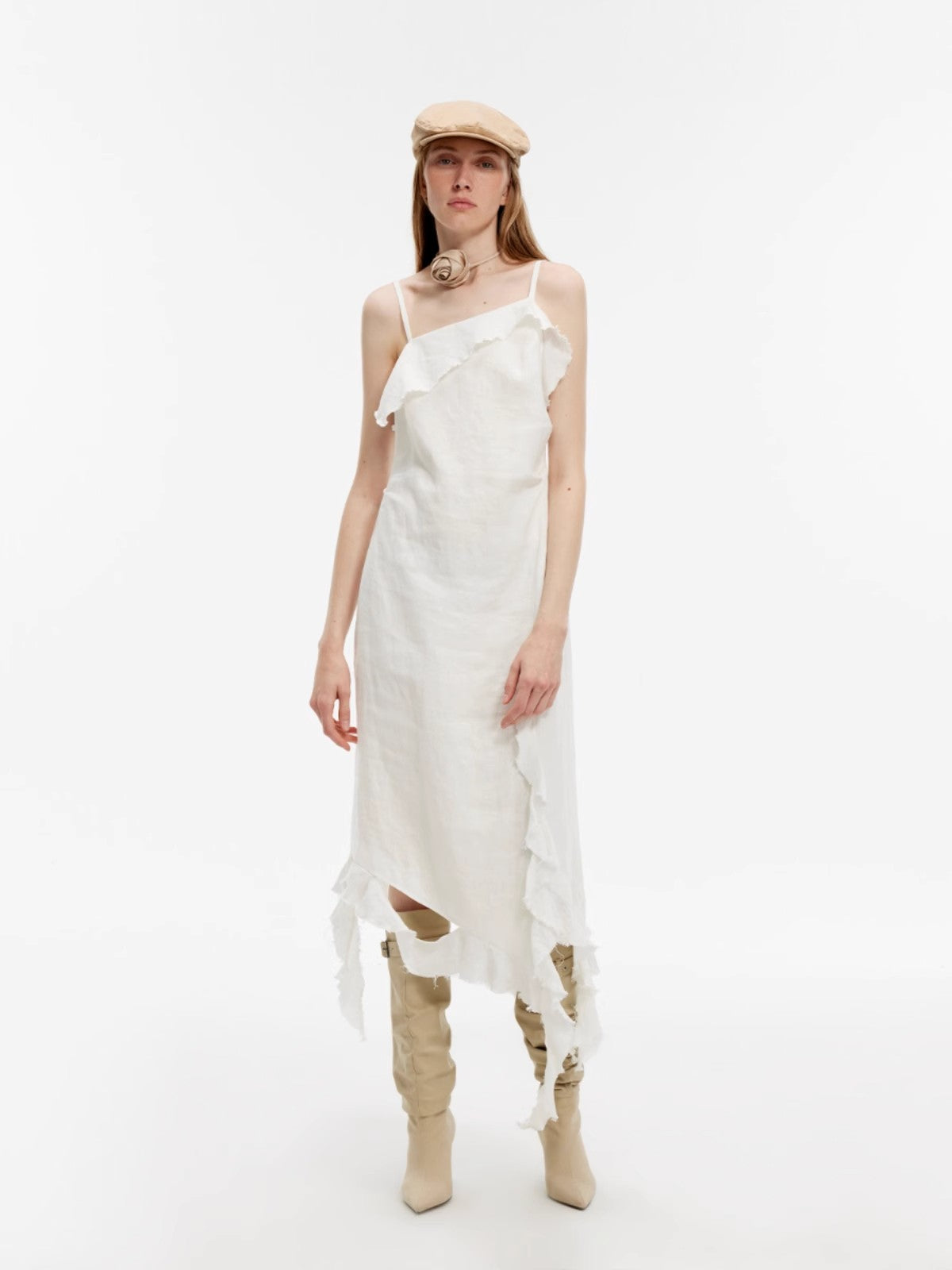 Sand-washed Linen Sling Ruffled Irregular Fit Sling Dress"Summer Whisper"