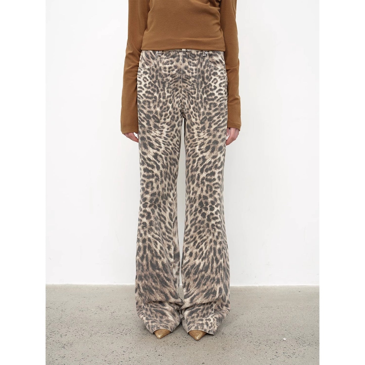 “Wild roar”vintage original leopard print Turkish imported washed slimming straight-leg bootcut jeans
