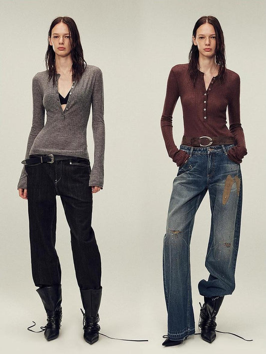 Ultrafine water-soluble wool blended versatile V-neck cardigan long-sleeved knitted top