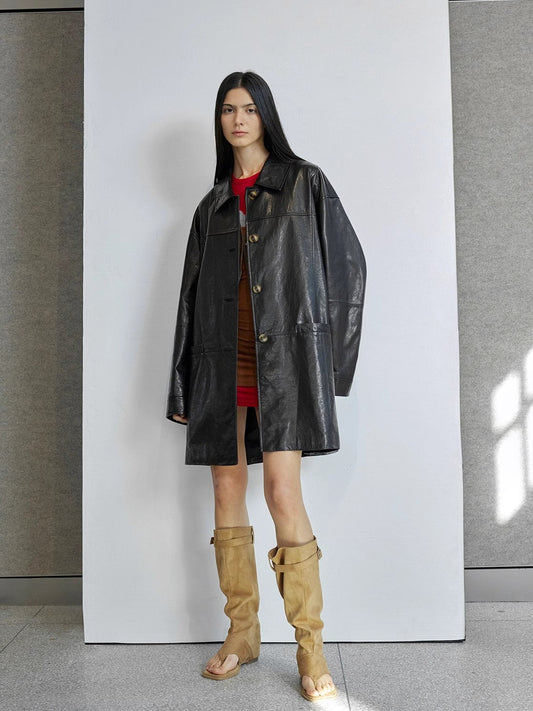 Limited Edition Waxed Goat Leather/Retro Casual Lapel Mid-Length Leather Jacket “Notting Hill Diary”