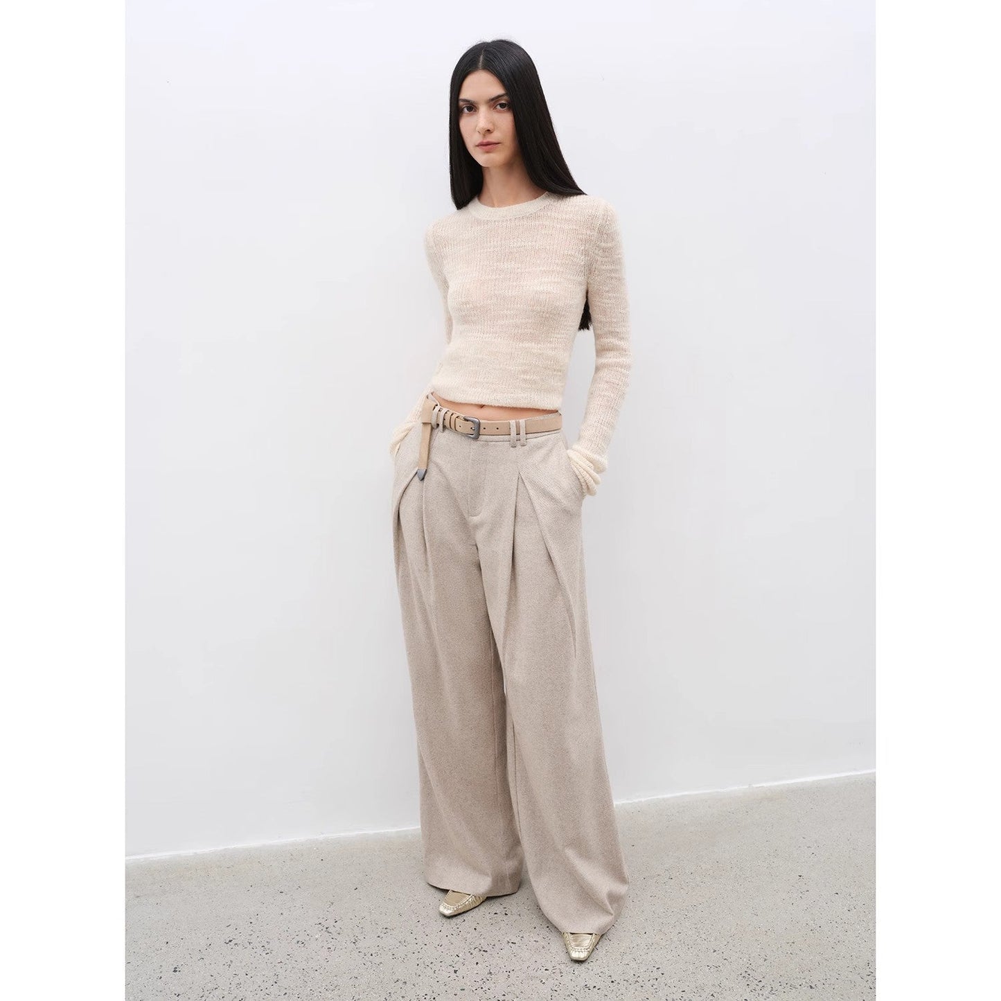 "City Stroll" casual and relaxed wool-blend double-pleated straight draped wide-leg casual