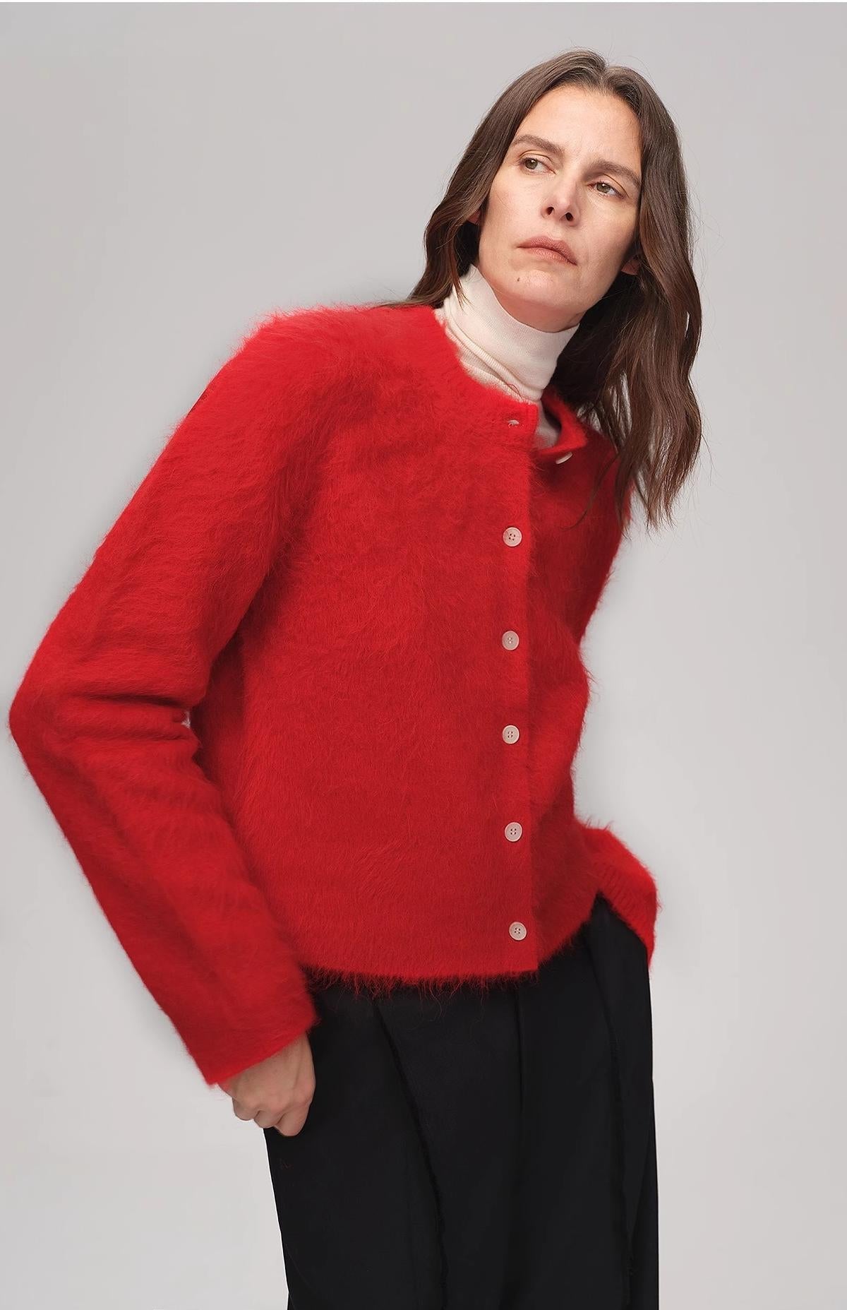 Albaca Alpaca Brushed Round Neck Straight Cardigan Women's Sweater