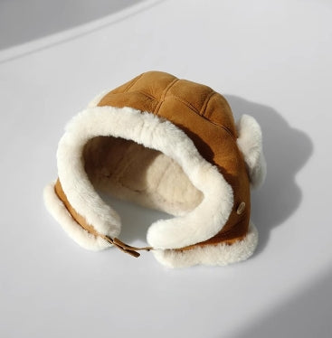 Merino wool warm earmuffs genuine leather suede aviator hat