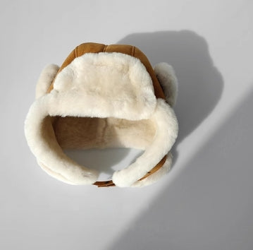 Merino wool warm earmuffs genuine leather suede aviator hat