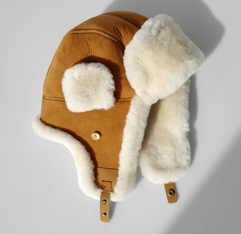 Merino wool warm earmuffs genuine leather suede aviator hat