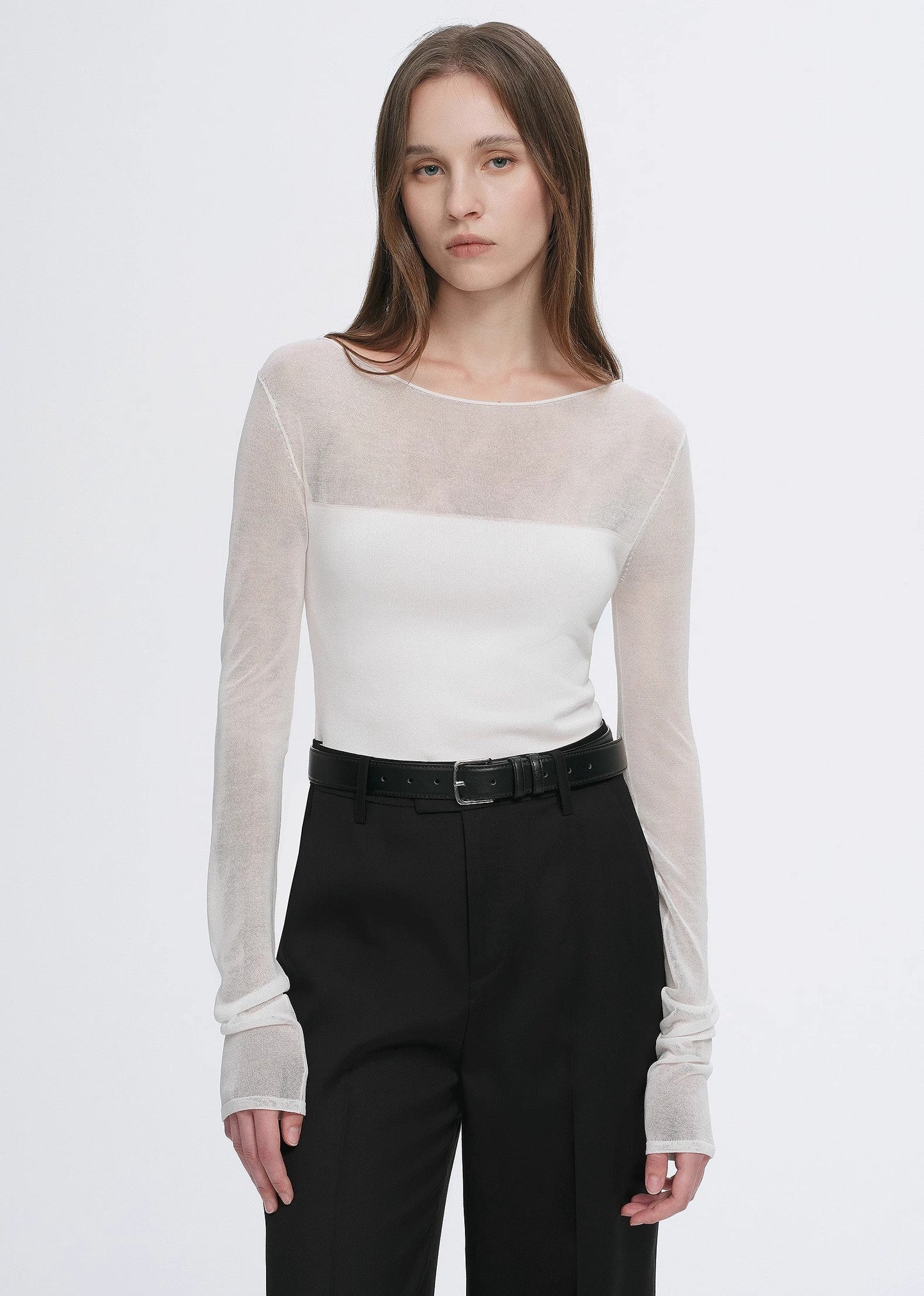 Transparent patchwork acetate Tencel temperament slim fit slim long sleeve T-shirt