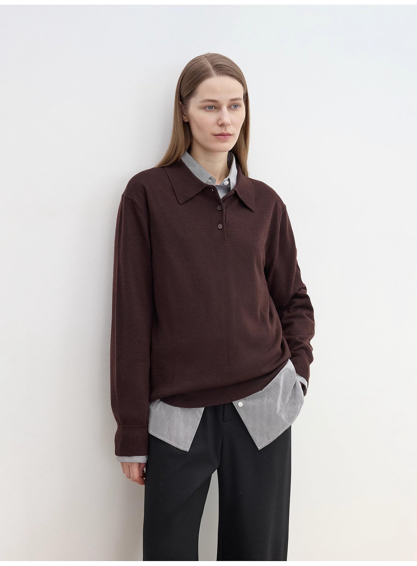 "Library Diary" Machine Washable Premium Wool Women's Polo Neck Loose Top