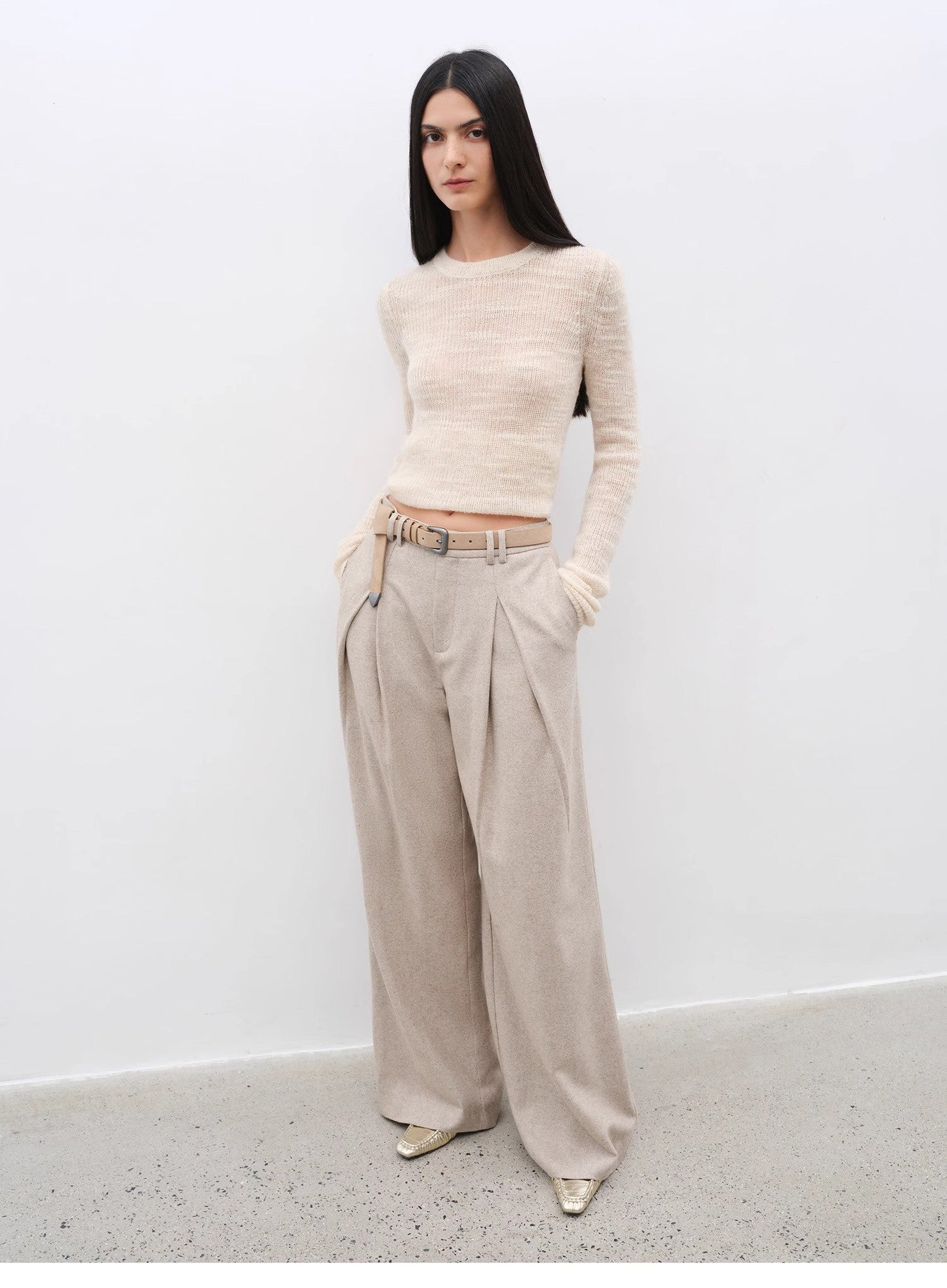 "City Stroll" casual and relaxed wool-blend double-pleated straight draped wide-leg casual trousers for autumn