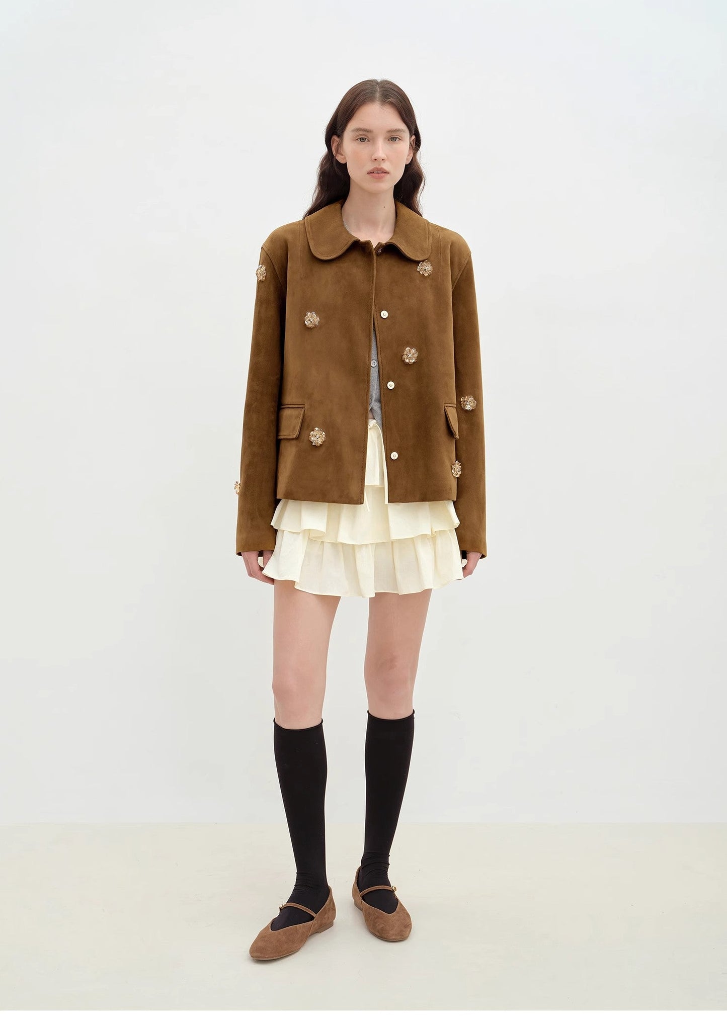 "Velour" high-grade beaded suede leather short leather jacket for women