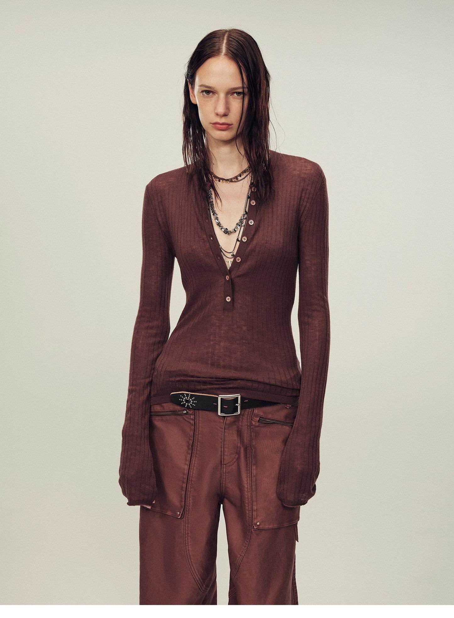 Ultrafine water-soluble wool blended versatile V-neck cardigan long-sleeved knitted top