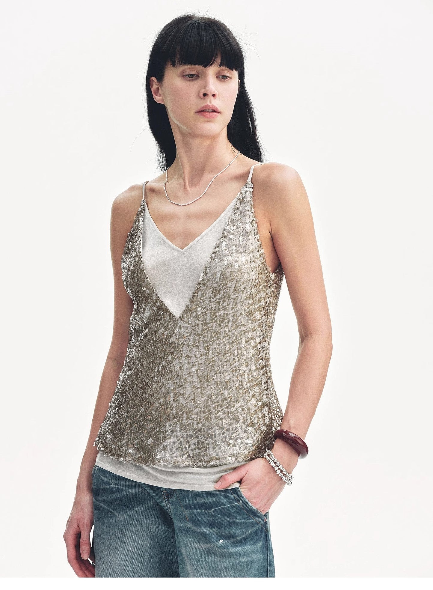 "Dream Catcher" Sequined Net Pattern Fake Two-Piece Deep V Waist Suspender Summer